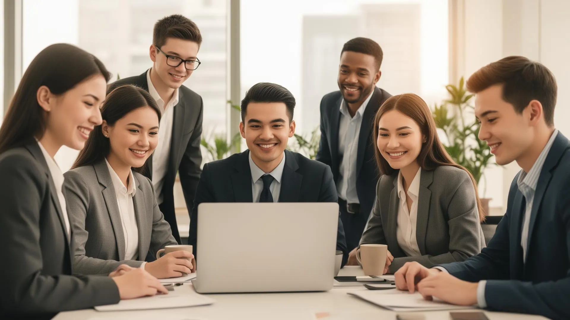 Team van zes collega’s rond een laptop in een licht kantoor