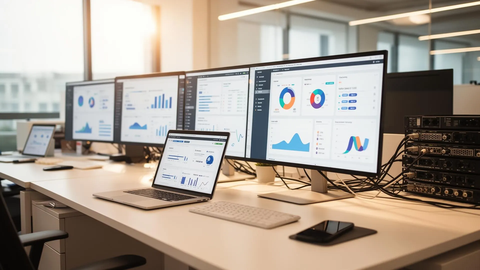 Werkplek met meerdere schermen vol dashboards, met een serverrek ernaast