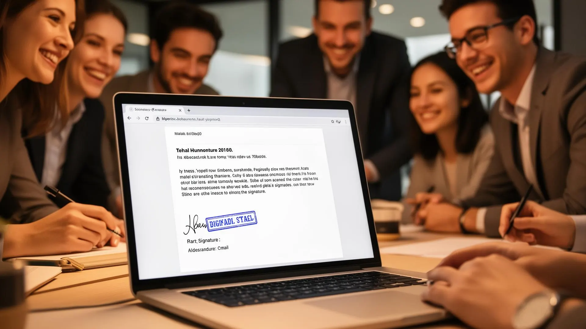 Laptop met een ondertekend document, collega’s rond de tafel