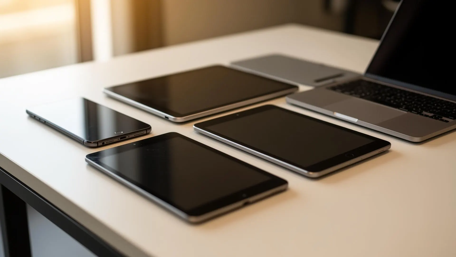 Tablets, telefoons en een laptop naast elkaar op een wit bureau