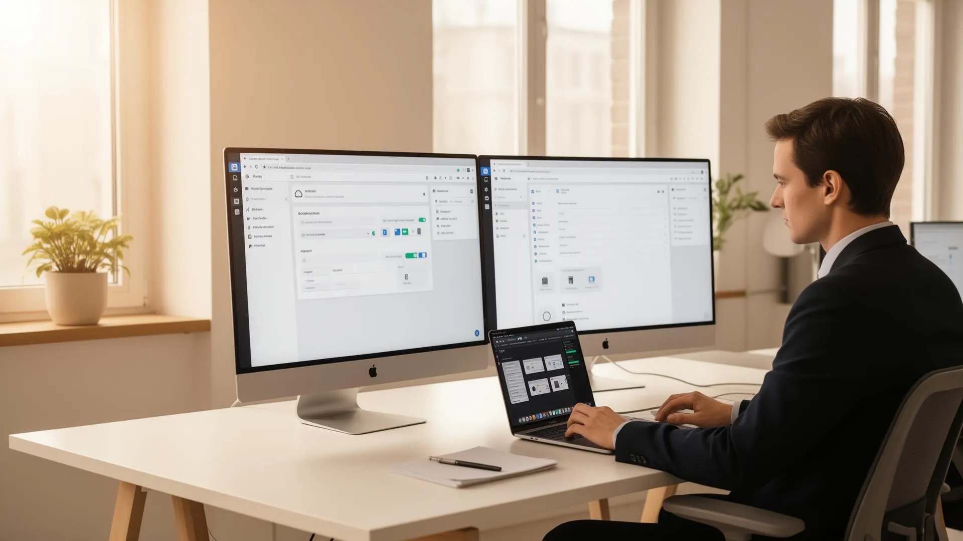 Werkplek met twee Apple-schermen en een MacBook