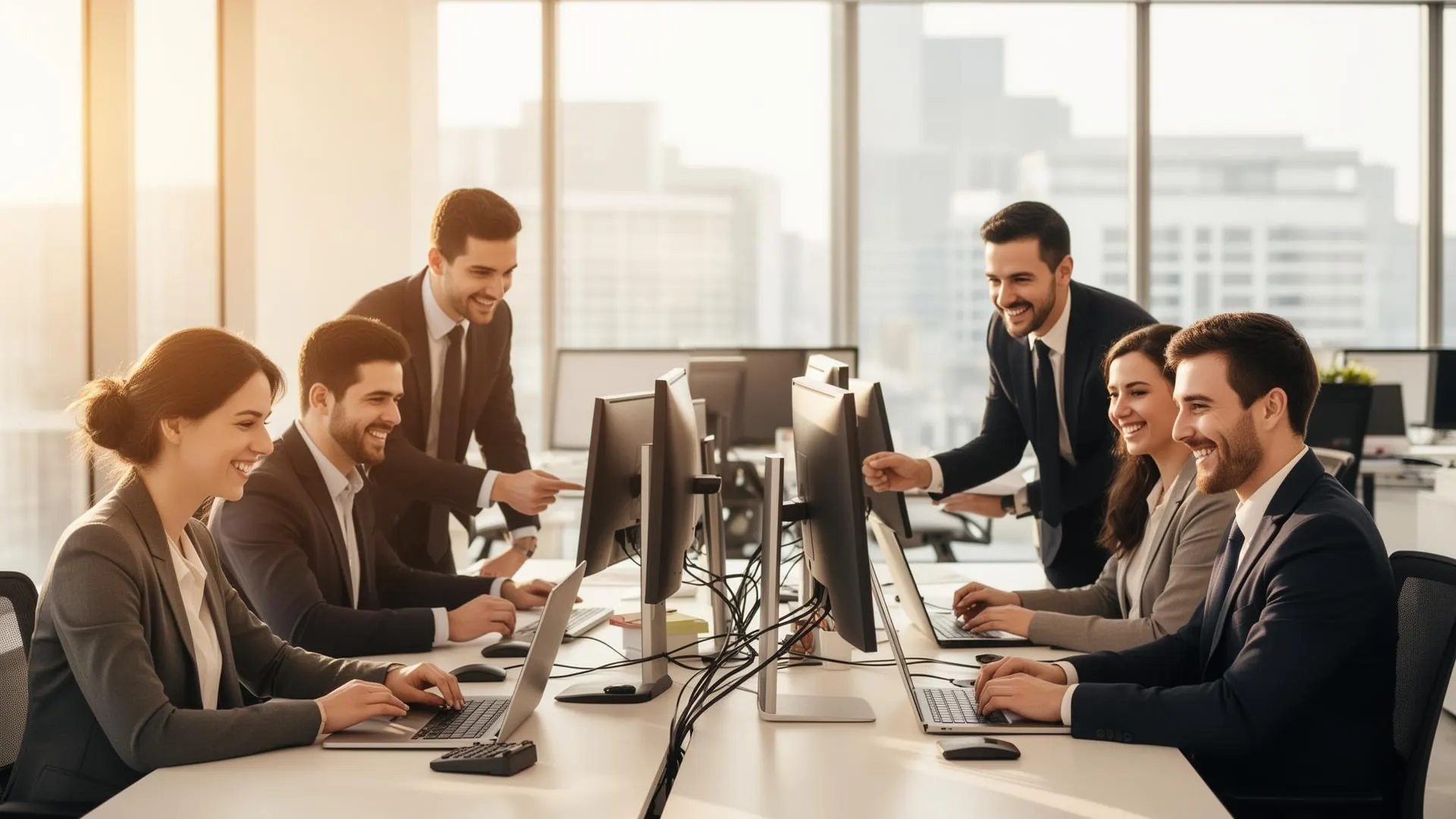 Druk kantoor waar collega’s achter hun laptop aan het werk zijn