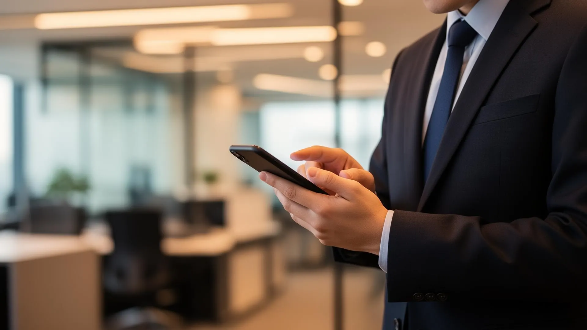Man in pak met zijn telefoon in de hand op kantoor