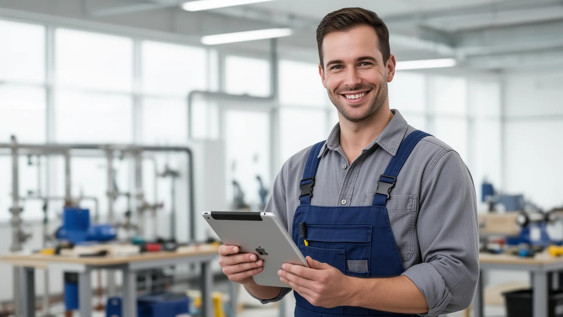 Monteur in overall met een tablet in de werkplaats