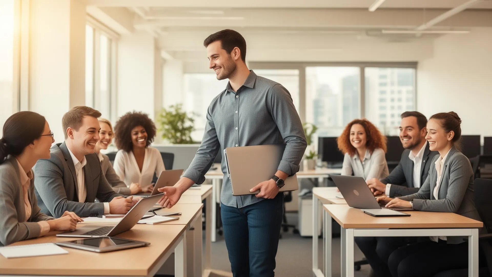 Een collega loopt met een laptop onder de arm een kantoor binnen waar het team doorwerkt