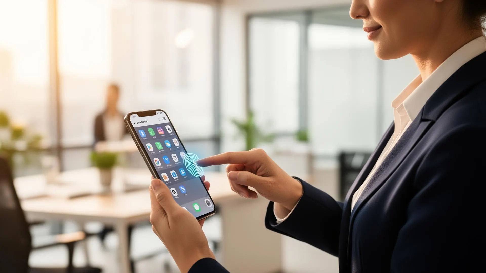 Handen die met een vingerafdruk inloggen op een telefoon naast een laptop