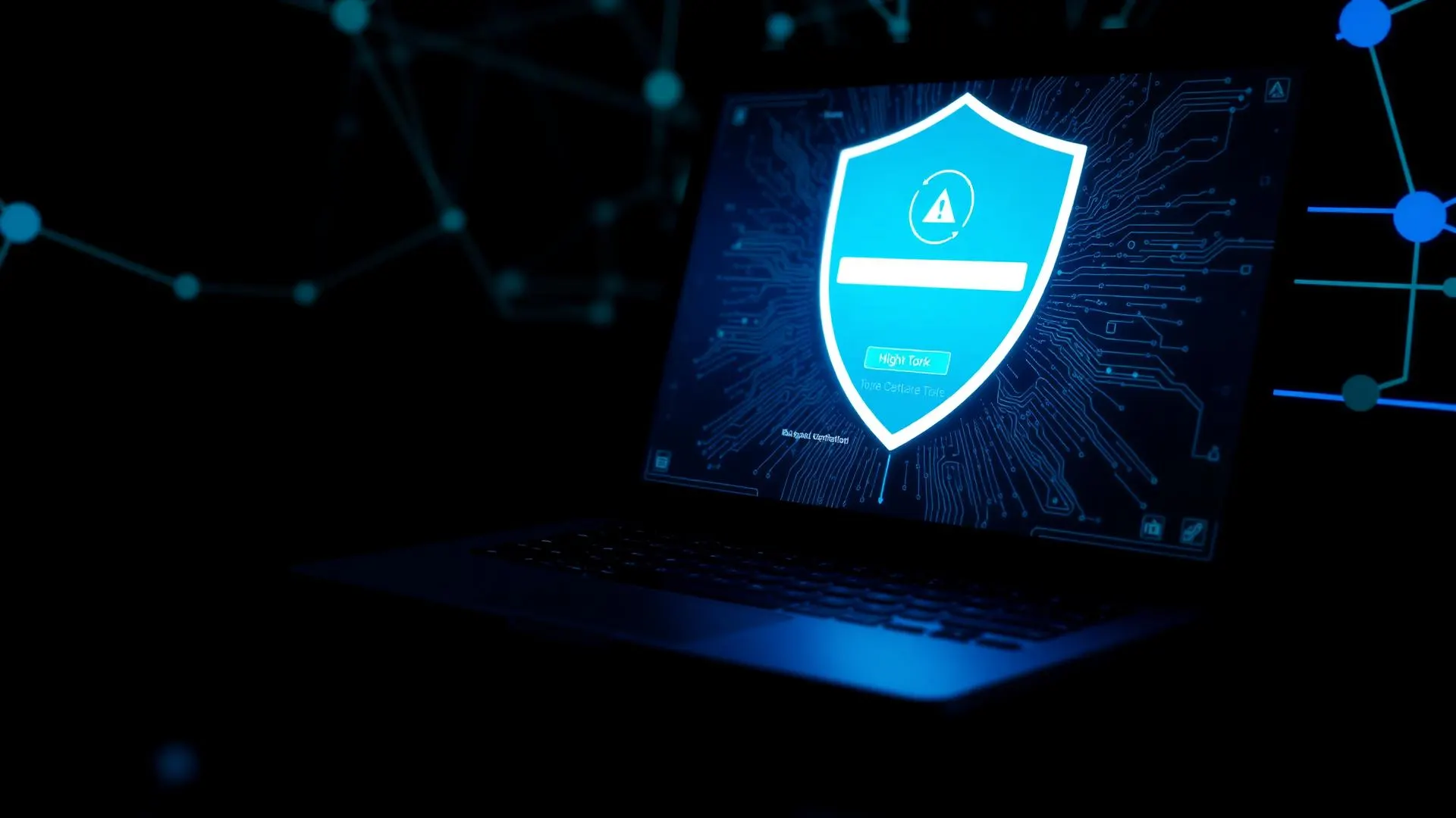 Laptop in een donker kantoor met een oplichtend schild op het scherm