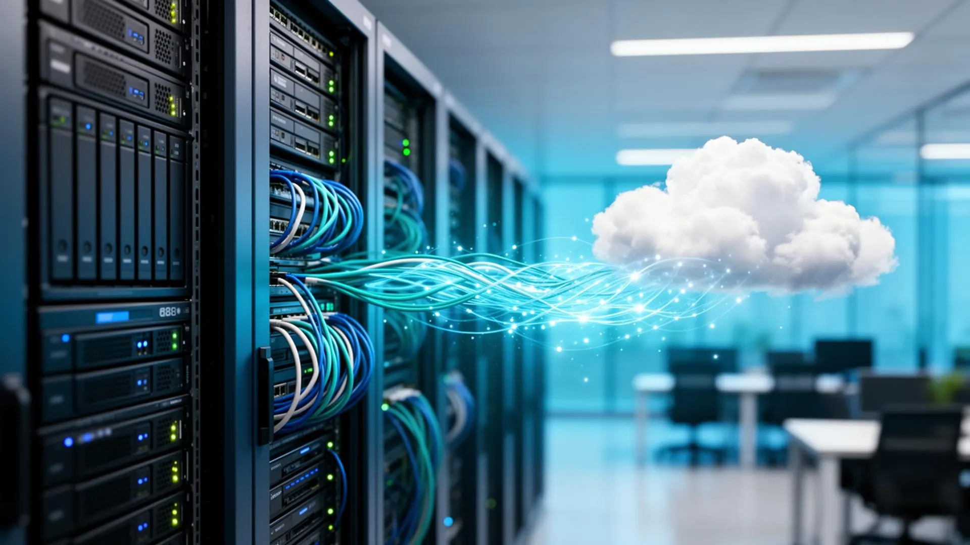 Serverracks met lichtstromen die naar een wolk boven een kantoor lopen