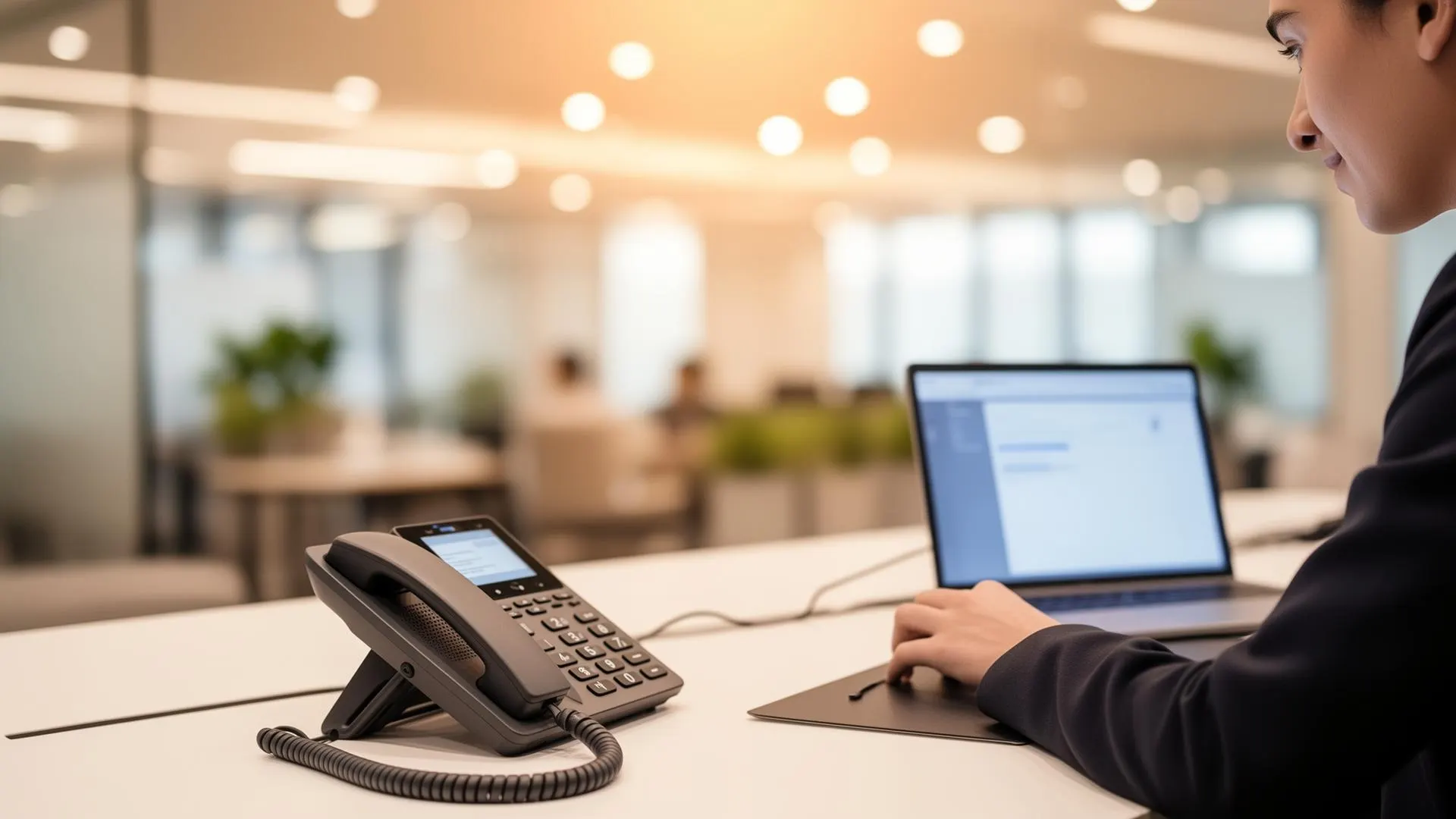 Vaste telefoon naast een laptop op een bureau in een kantoortuin