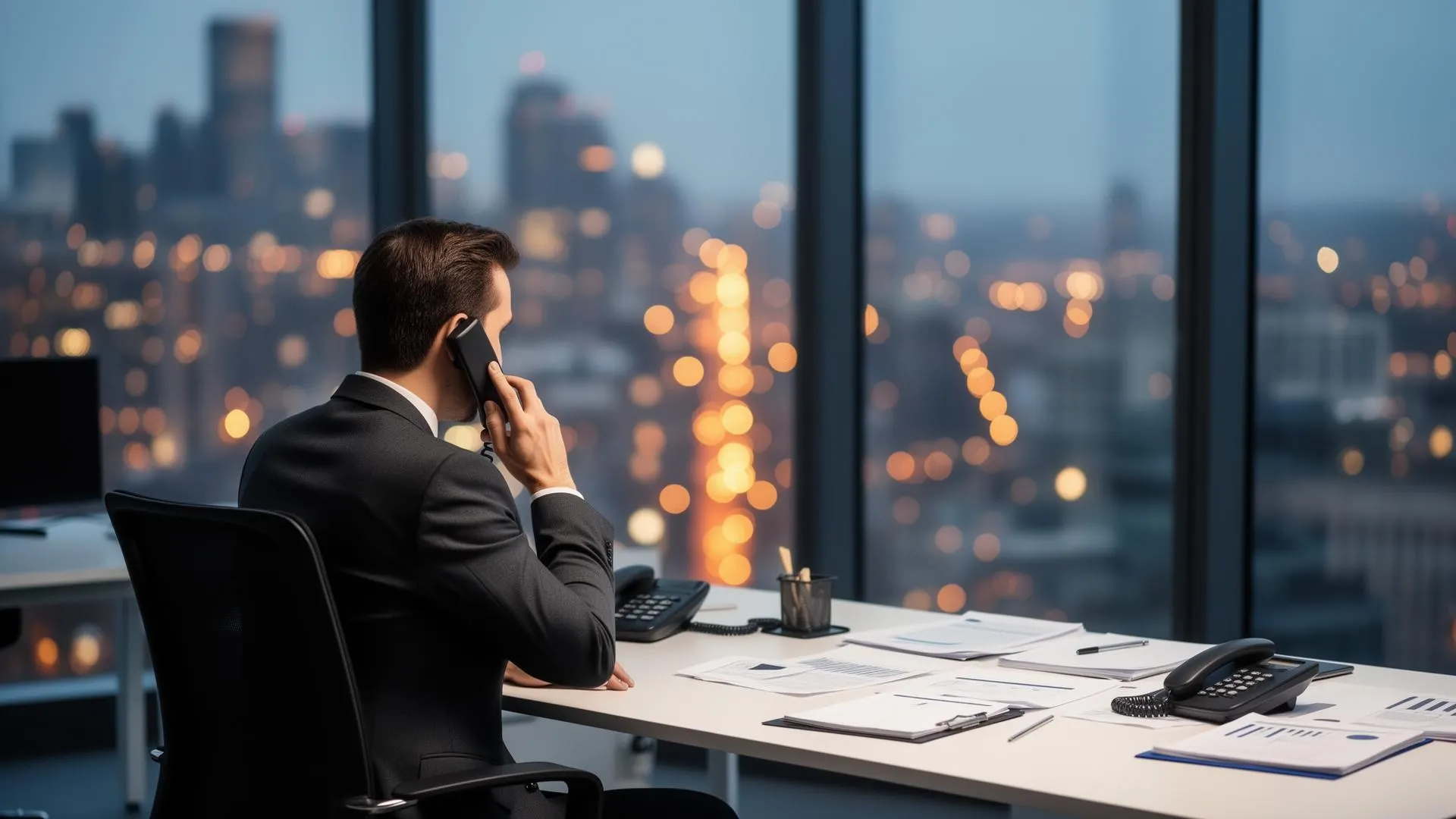 Man belt aan zijn bureau met de verlichte stad achter zich