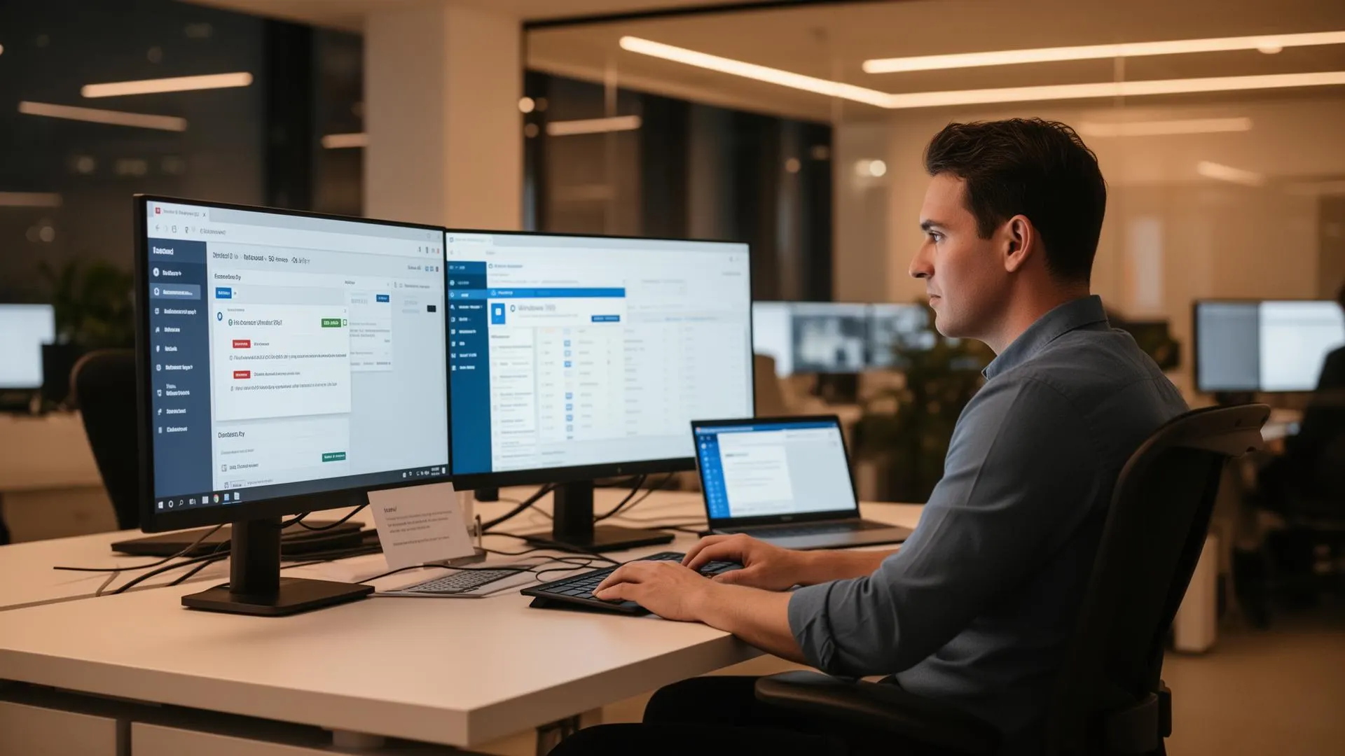 Man werkt aan twee brede schermen met Windows